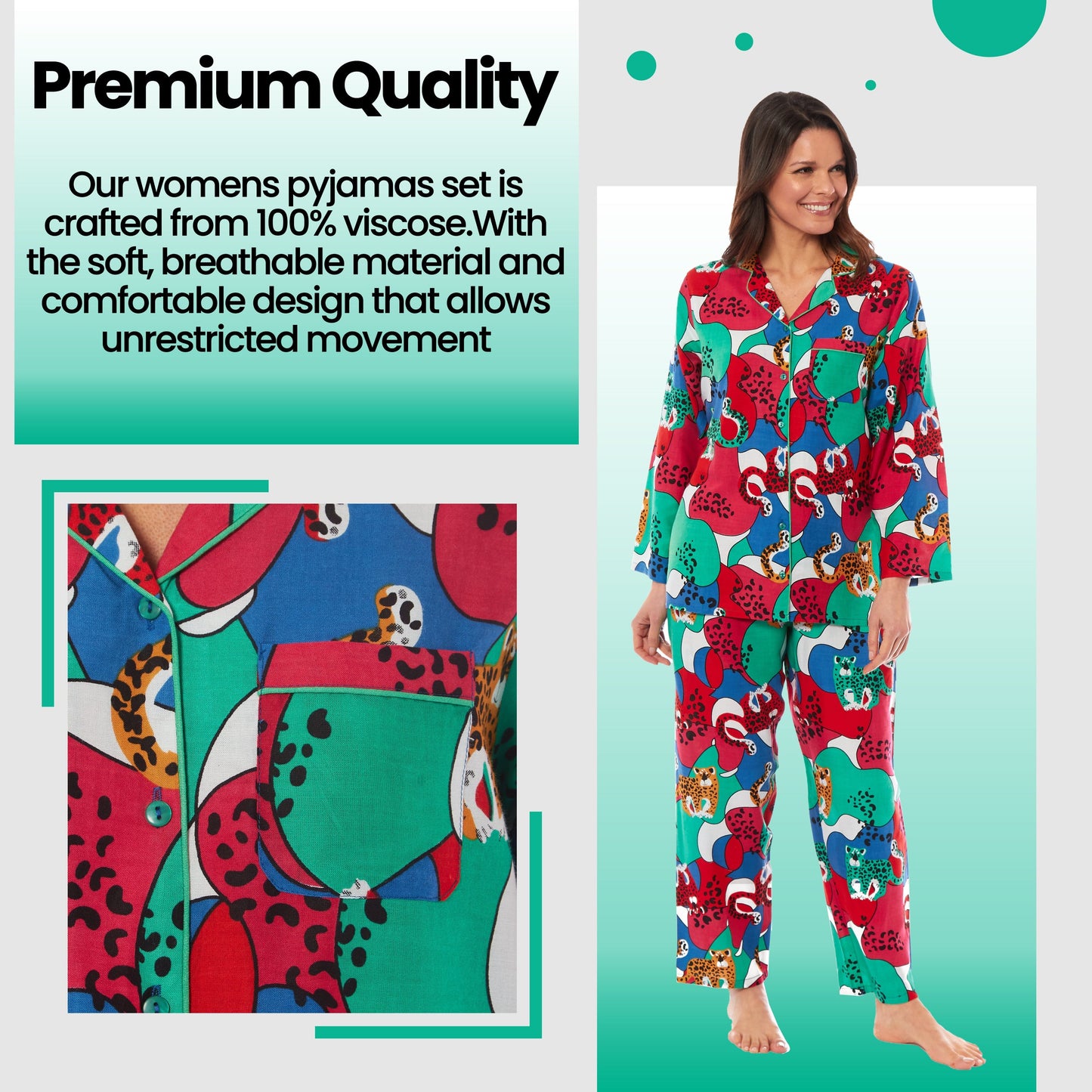 Women's Stylish Jaguar Jungle Leopard Print Long Pyjama Set Ladies Button Up PJ Set Soft Breathable Viscose Comfortable Loungewear Sleepwear by Daisy Dreamer Perfect for Relaxing Weekends Movies and Peaceful Sleep Available in Small Medium Large X-Large Daisy Dreamer Pyjamas