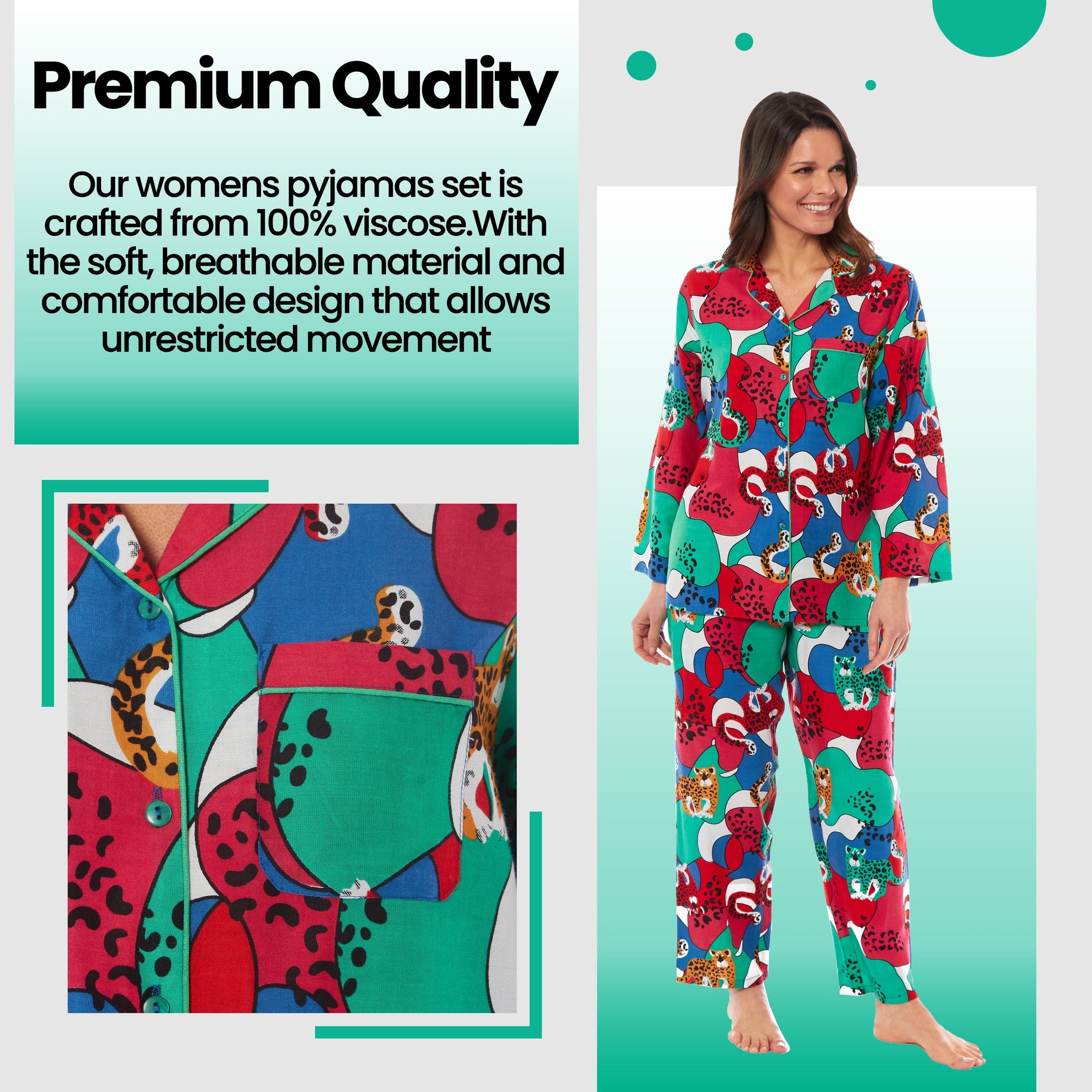 Women's Stylish Jaguar Jungle Leopard Print Long Pyjama Set Ladies Button Up PJ Set Soft Breathable Viscose Comfortable Loungewear Sleepwear by Daisy Dreamer Perfect for Relaxing Weekends Movies and Peaceful Sleep Available in Small Medium Large X-Large Daisy Dreamer Pyjamas
