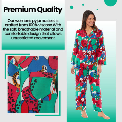 Women's Stylish Jaguar Jungle Leopard Print Long Pyjama Set Ladies Button Up PJ Set Soft Breathable Viscose Comfortable Loungewear Sleepwear by Daisy Dreamer Perfect for Relaxing Weekends Movies and Peaceful Sleep Available in Small Medium Large X-Large Daisy Dreamer Pyjamas