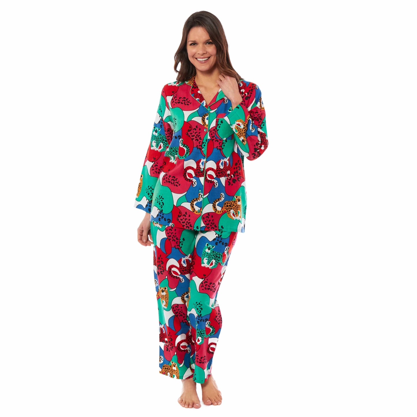 Women's Stylish Jaguar Jungle Leopard Print Long Pyjama Set Ladies Button Up PJ Set Soft Breathable Viscose Comfortable Loungewear Sleepwear by Daisy Dreamer Perfect for Relaxing Weekends Movies and Peaceful Sleep Available in Small Medium Large X-Large DECO JAGUAR / SMALL Daisy Dreamer Pyjamas