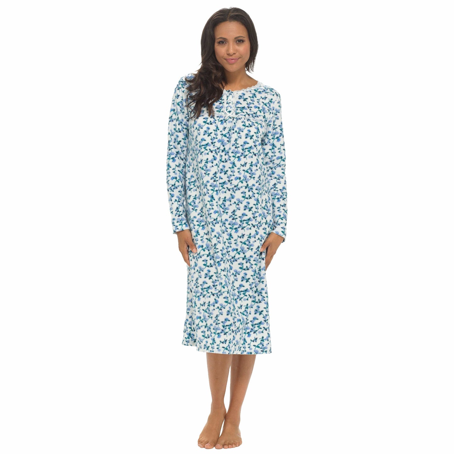 Women's Long Sleeve Fleece Nightdress Soft Warm Floral Print Sleepwear Cozy Winter Nightie Loungewear Available in Multiple Sizes By Daisy Dreamer SMALL / BLUE Pyjamas