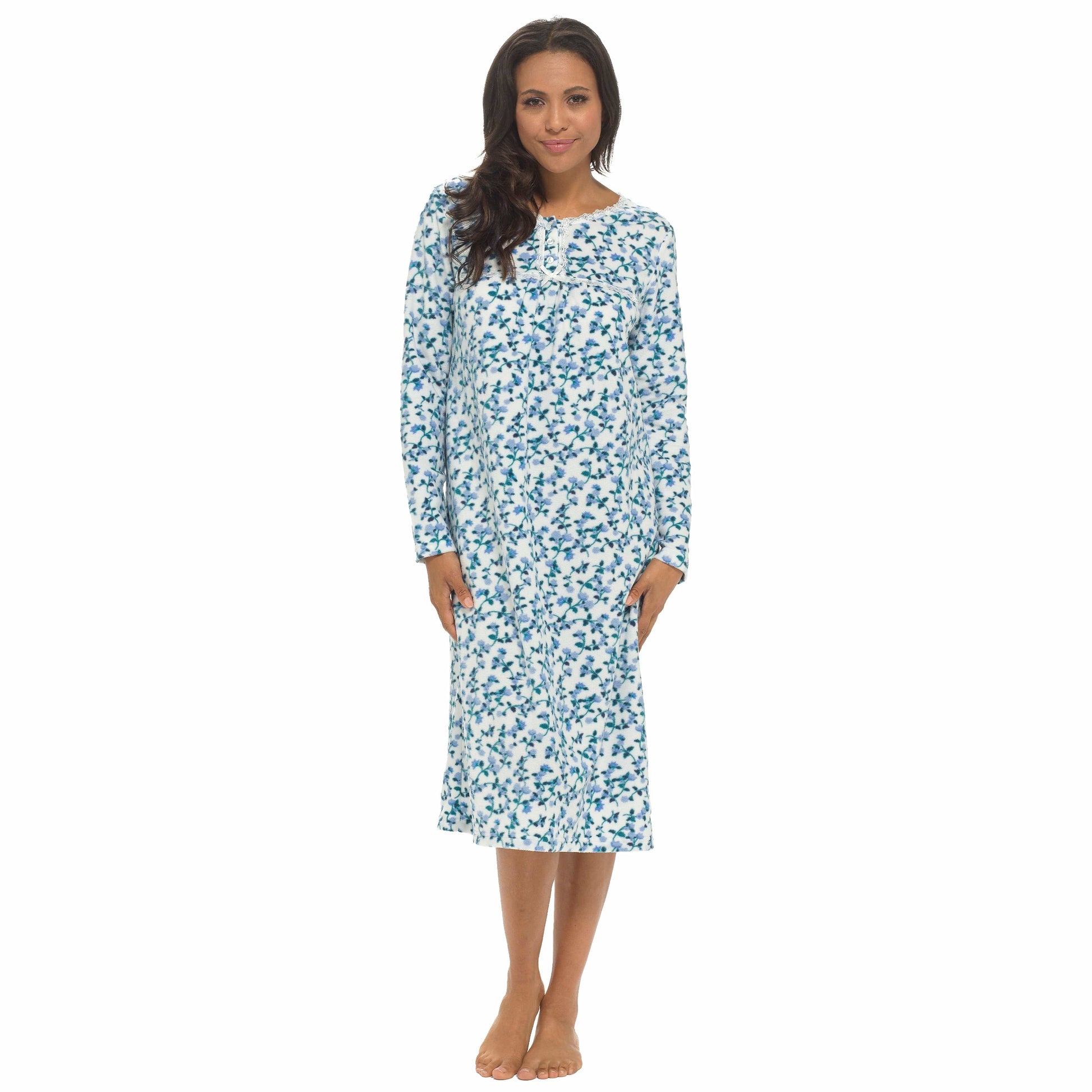 Women's Long Sleeve Fleece Nightdress Soft Warm Floral Print Sleepwear Cozy Winter Nightie Loungewear Available in Multiple Sizes By Daisy Dreamer SMALL / BLUE Pyjamas