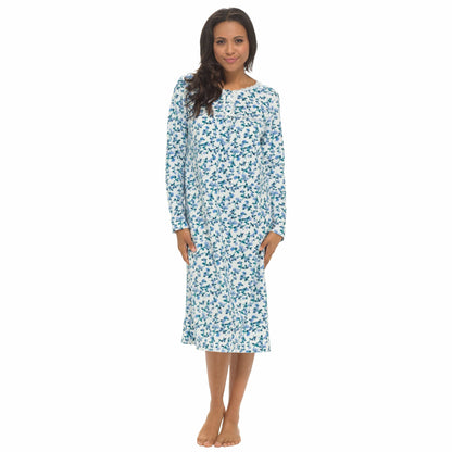 Women's Long Sleeve Fleece Nightdress Soft Warm Floral Print Sleepwear Cozy Winter Nightie Loungewear Available in Multiple Sizes By Daisy Dreamer SMALL / BLUE Pyjamas