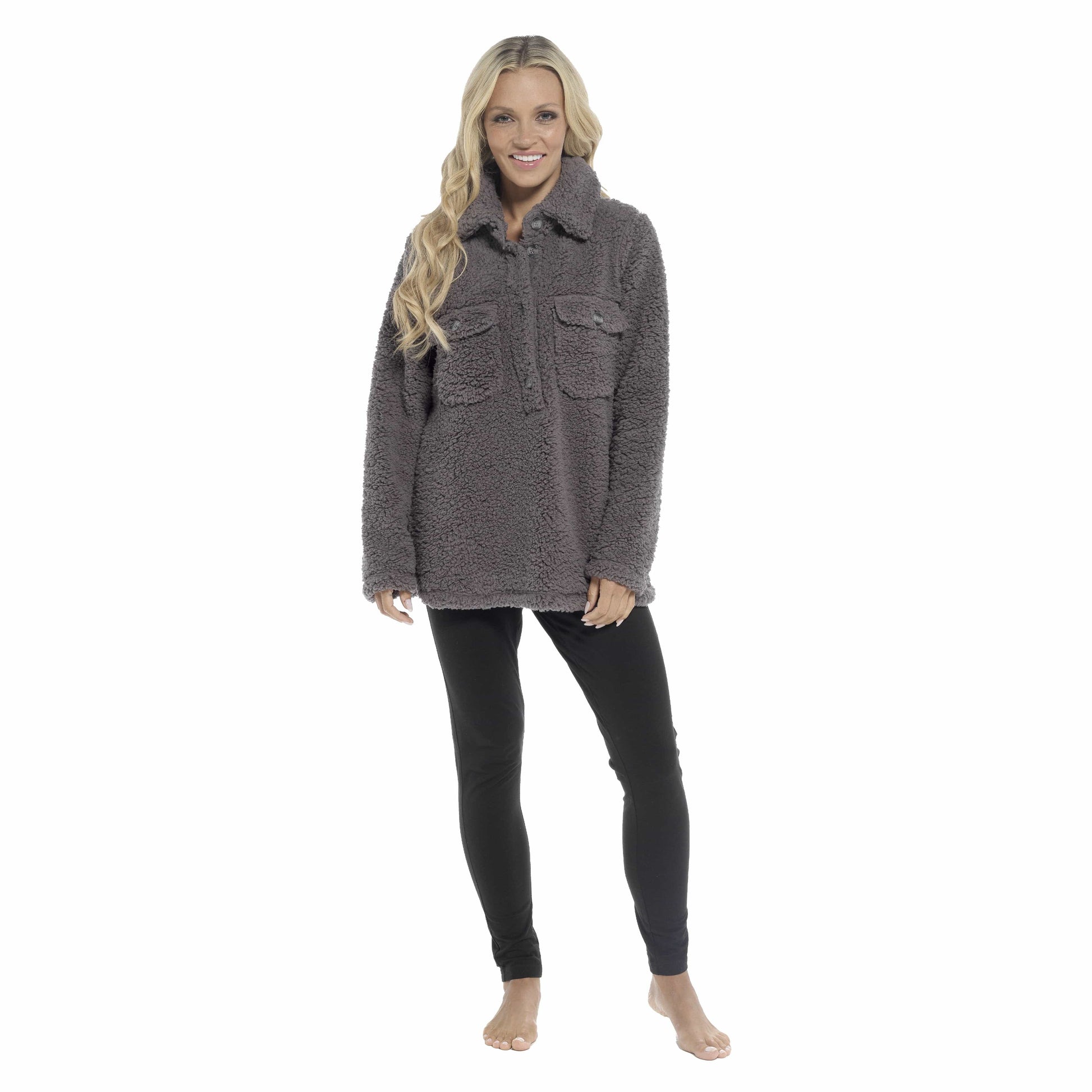 Women's Sherpa Top And Leggings Set, Long Sleeve Comfort Tops And Pyjamas Sets SMALL | UK 8-10 / CHARCOAL Daisy Dreamer Pyjamas