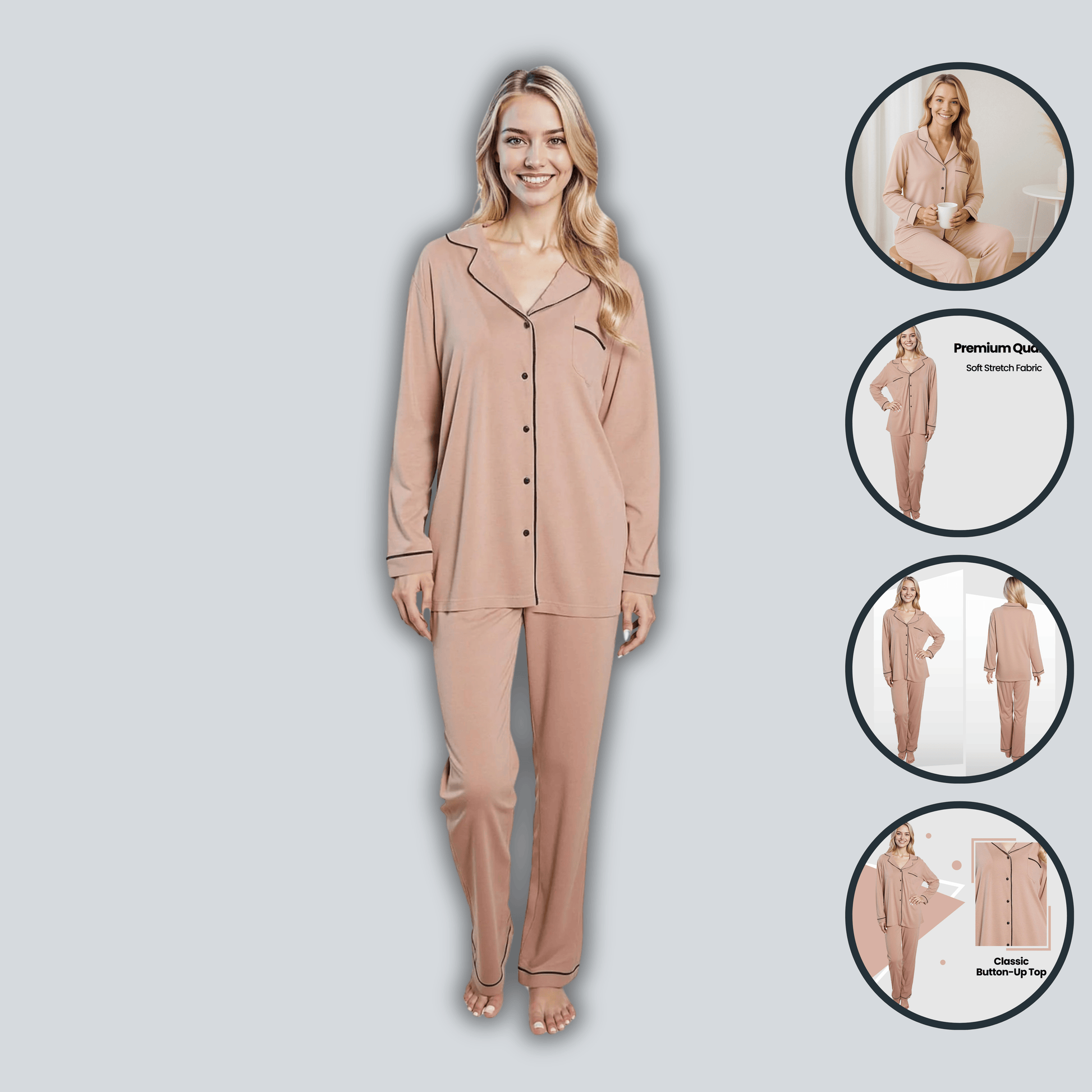 Women's Natural Pyjama Set Soft Touch Long Sleeve Button-Up Top & Bottoms Two-Piece Nightwear by Daisy Dreamer Pyjamas