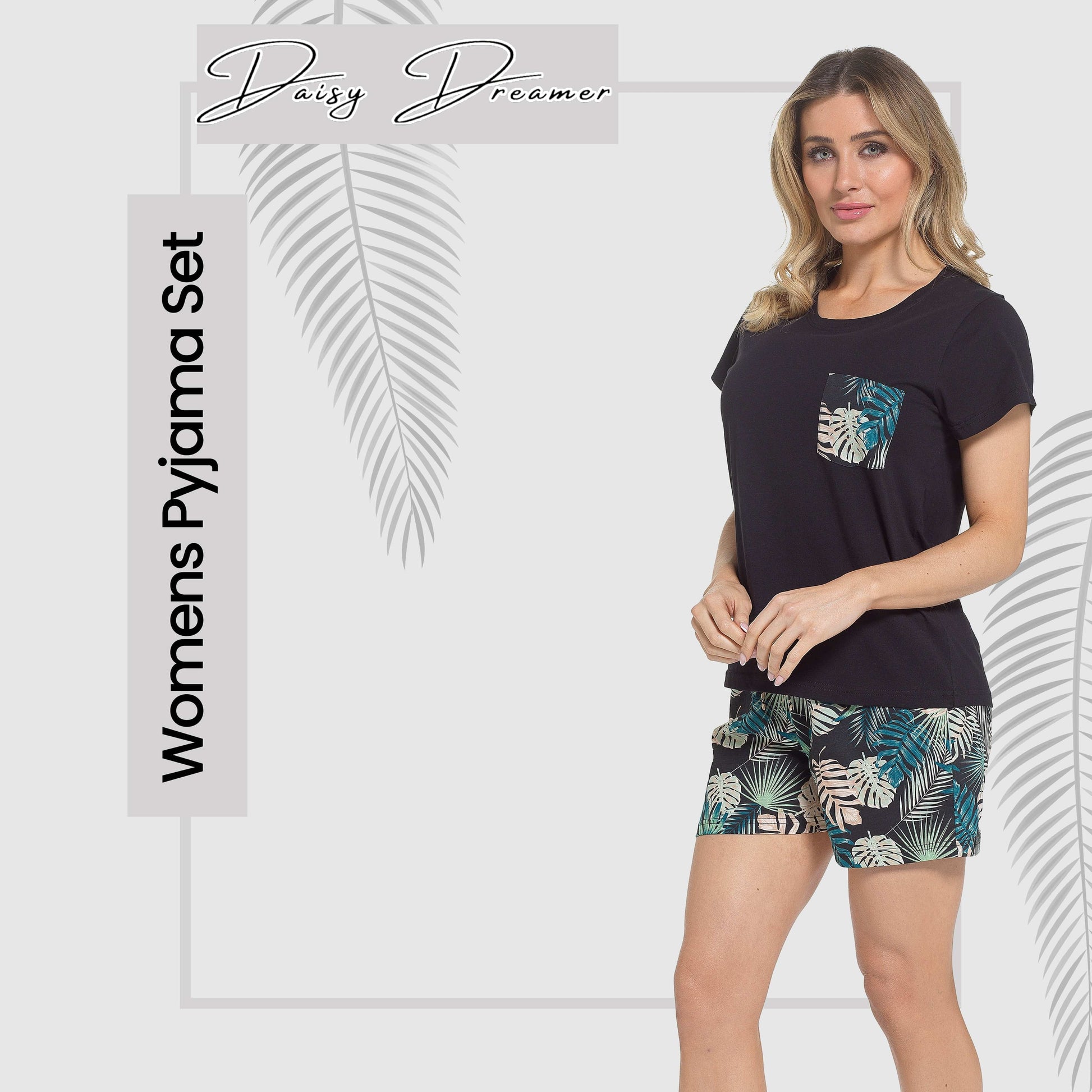 Women's Tropical Pyjama Set T-Shirt & Shorts PJs Soft Cotton Loungewear Summer Holiday Sleepwear by Daisy Dreamer Daisy Dreamer Pyjama Set