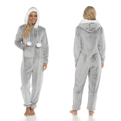 Womens Shimmer Fleece Onesie Hooded Pyjama, All In One Ladies Sleepwear PJs SMALL | UK 8-10 / GREY Daisy Dreamer Pyjamas