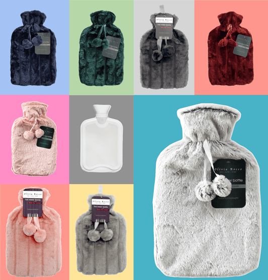 2L Soft Plush Hot Water Bottle with Faux Fur Pom Pom Cover for Warmth Durable Natural Rubber UK Safe Tested Cozy Winter Comfort Ideal Gift for Adults Kids by OLIVIA ROCCO Hot Water Bottle