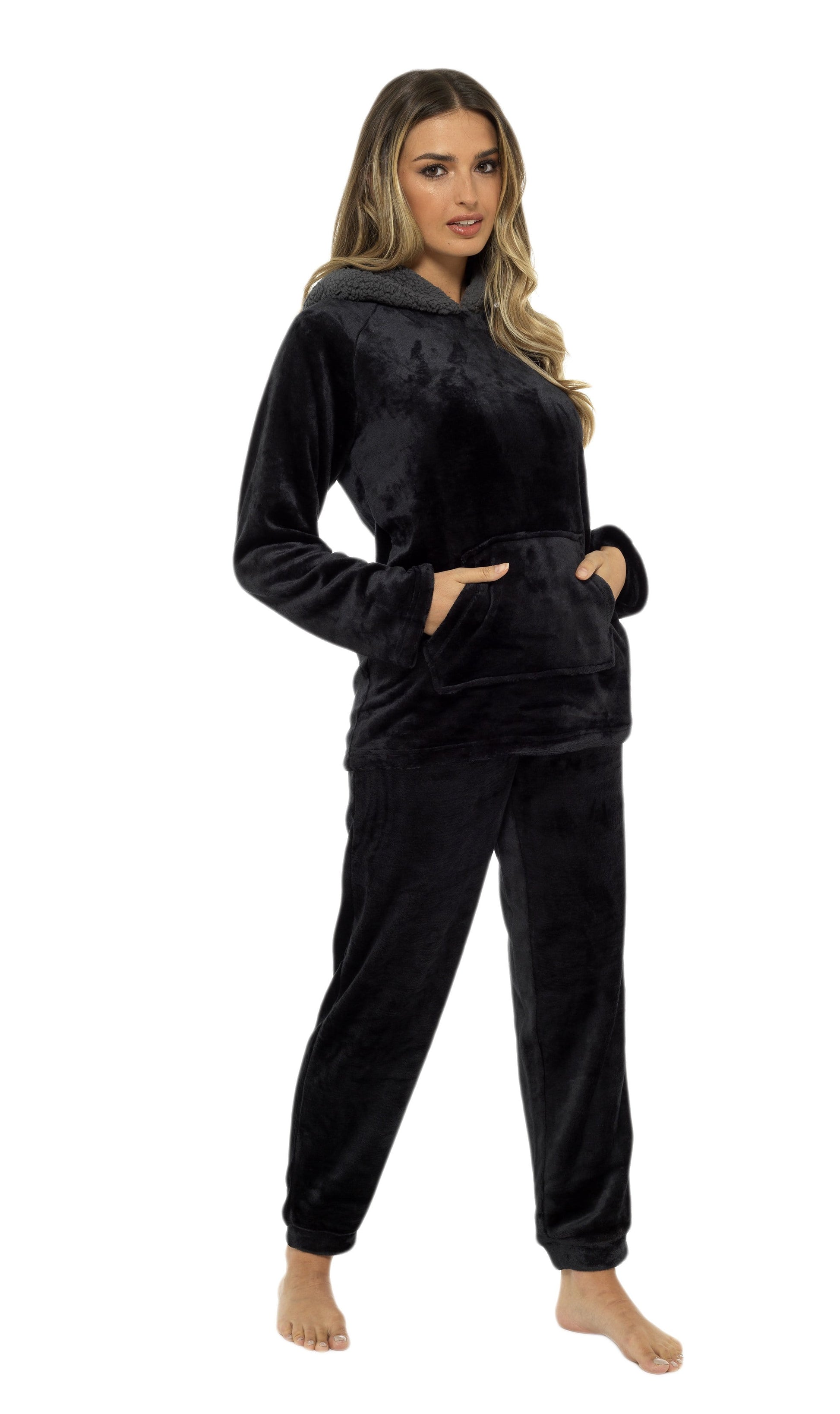 Women's Black Plush Fleece Hooded Pyjama Set, Ladies Loungewear