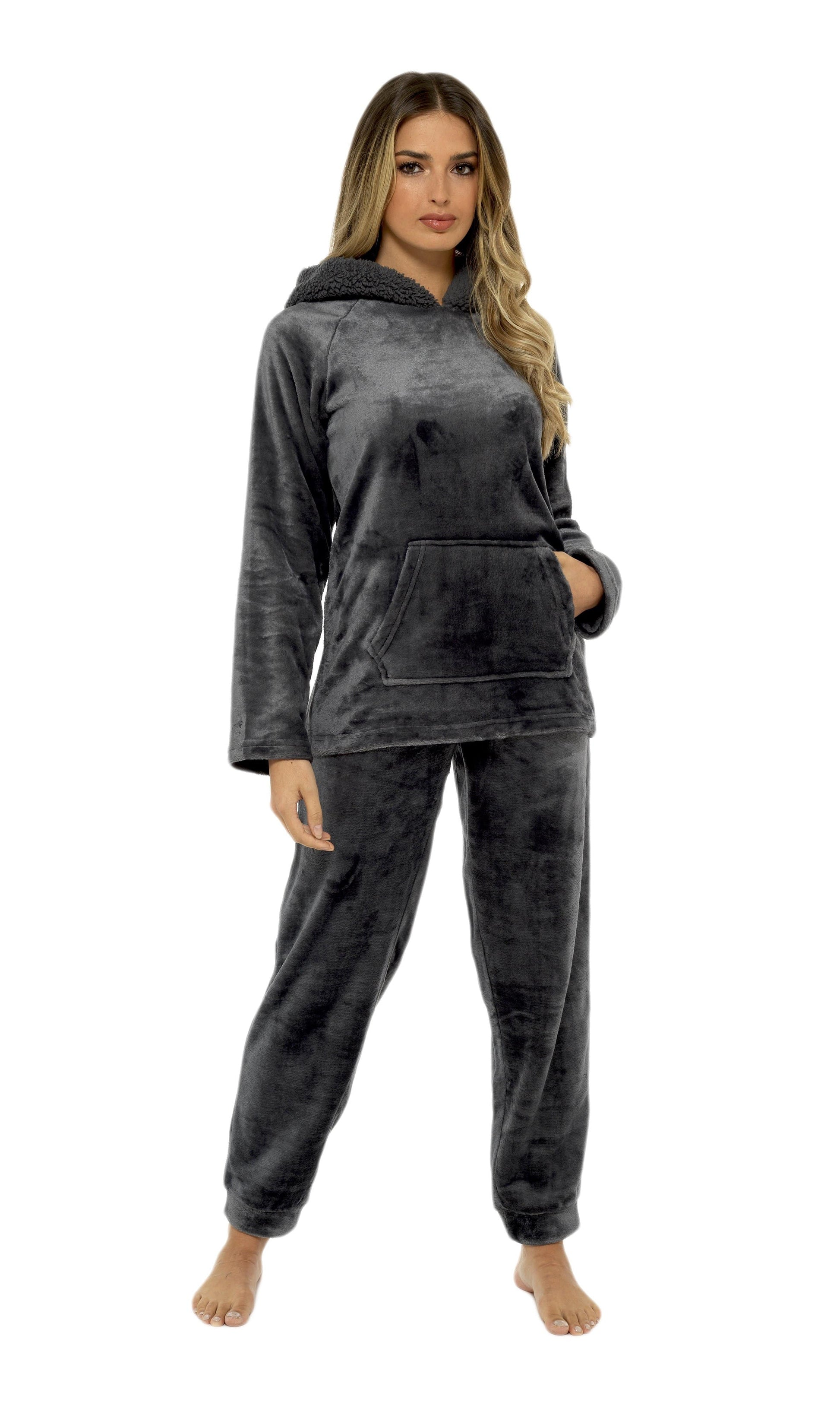 Women's Charcoal Plush Fleece Hooded Pyjama Set, Ladies Loungewear