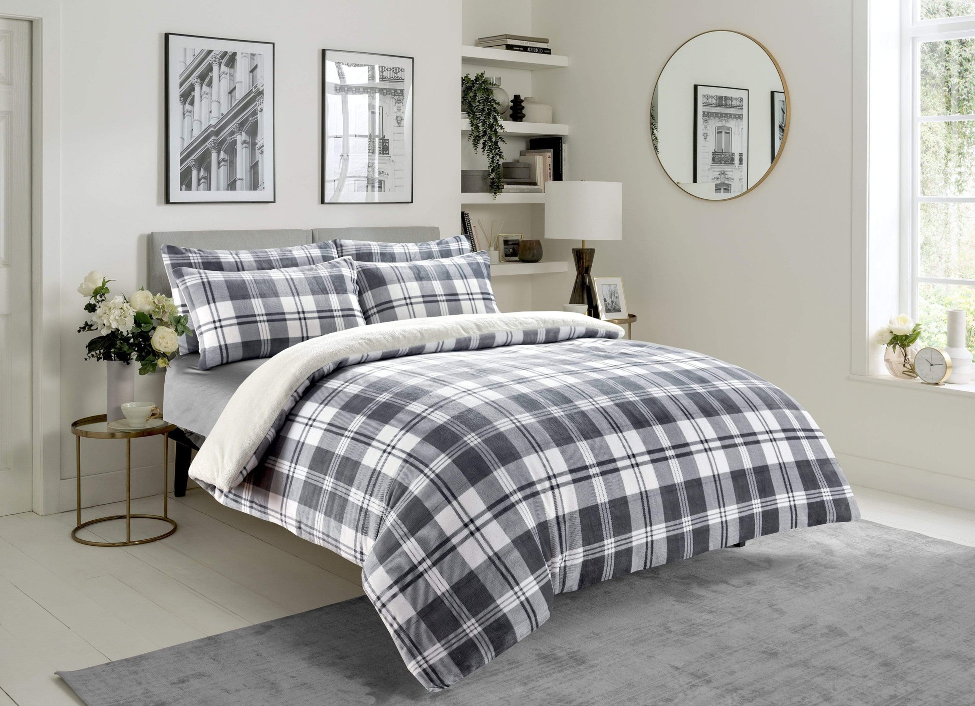 Checked Grey Teddy Fleece Reversible Duvet Set Luxurious Plush Faux Fur Bedding for Winter Available in Single Double King Sizes by OLIVIA ROCCO SINGLE Duvet Cover