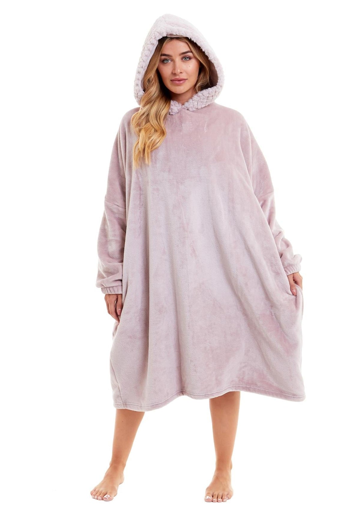 Oversized Women's Plush Hooded Poncho Blanket with Ultra-Soft Fur Hood and Double Pocket in Pink and Grey by Daisy Dreamer Dressing Gown
