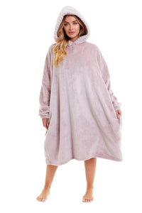 Oversized Women's Plush Hooded Poncho Blanket with Ultra-Soft Fur Hood and Double Pocket in Pink and Grey by Daisy Dreamer Dressing Gown