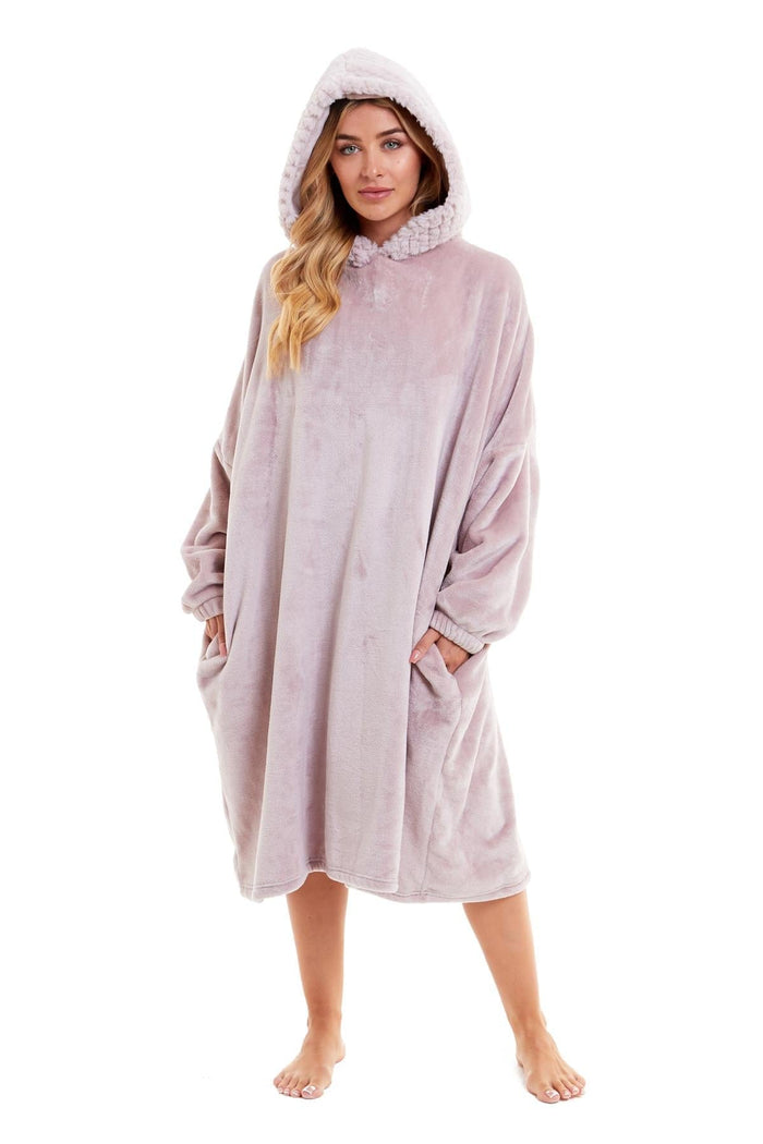 Oversized Women's Plush Hooded Poncho Blanket with Ultra-Soft Fur Hood and Double Pocket in Pink and Grey by Daisy Dreamer PINK Dressing Gown