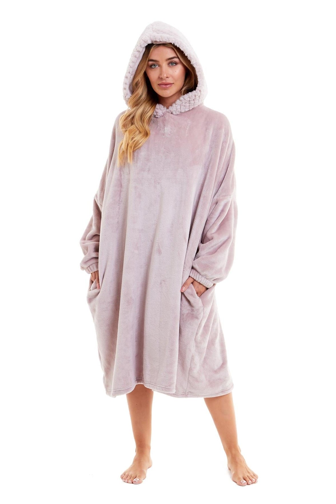 Oversized Women's Plush Hooded Poncho Blanket with Ultra-Soft Fur Hood and Double Pocket in Pink and Grey by Daisy Dreamer PINK Dressing Gown
