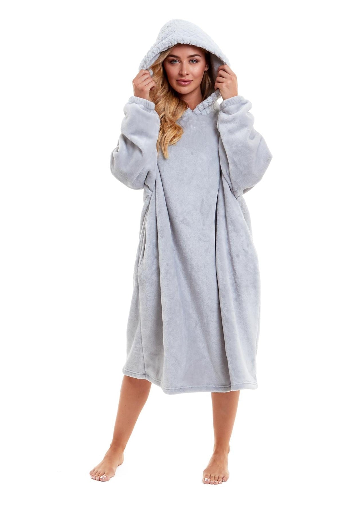 Oversized Women's Plush Hooded Poncho Blanket with Ultra-Soft Fur Hood and Double Pocket in Pink and Grey by Daisy Dreamer Dressing Gown