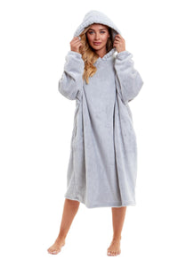 Oversized Women's Plush Hooded Poncho Blanket with Ultra-Soft Fur Hood and Double Pocket in Pink and Grey by Daisy Dreamer Dressing Gown