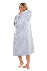 Oversized Women's Plush Hooded Poncho Blanket with Ultra-Soft Fur Hood and Double Pocket in Pink and Grey by Daisy Dreamer Dressing Gown