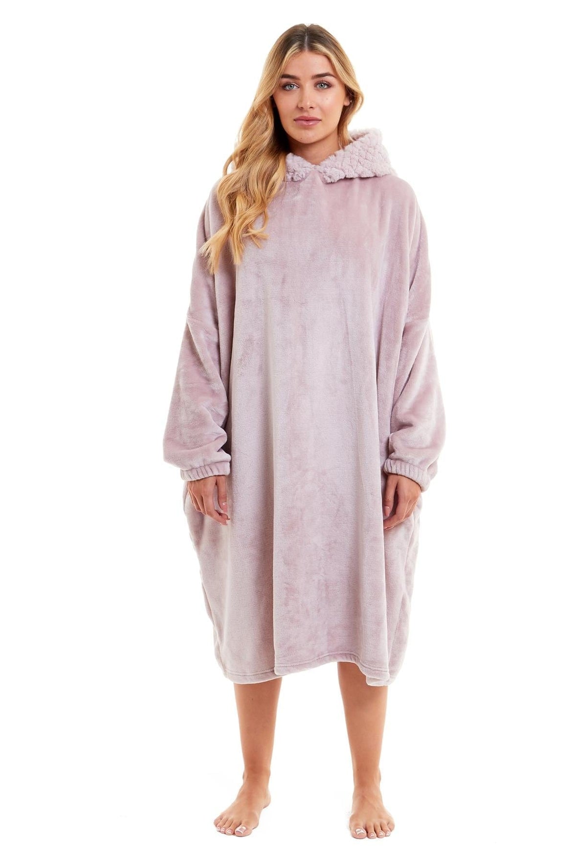 Oversized Women's Plush Hooded Poncho Blanket with Ultra-Soft Fur Hood and Double Pocket in Pink and Grey by Daisy Dreamer Dressing Gown
