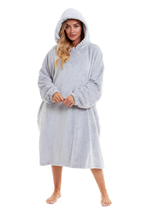 Oversized Women's Plush Hooded Poncho Blanket with Ultra-Soft Fur Hood and Double Pocket in Pink and Grey by Daisy Dreamer Dressing Gown
