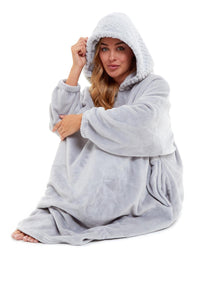 Oversized Women's Plush Hooded Poncho Blanket with Ultra-Soft Fur Hood and Double Pocket in Pink and Grey by Daisy Dreamer Dressing Gown