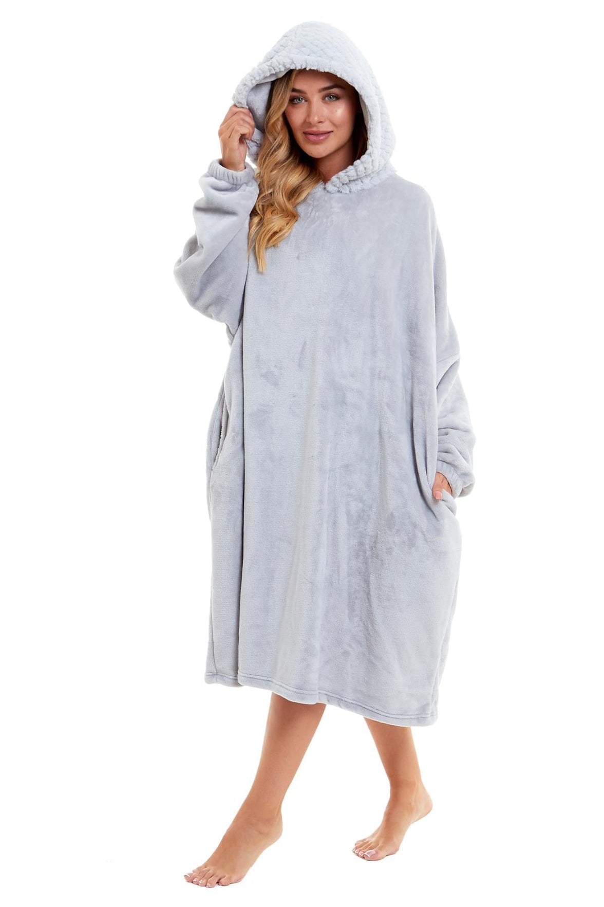 Oversized Women's Plush Hooded Poncho Blanket with Ultra-Soft Fur Hood and Double Pocket in Pink and Grey by Daisy Dreamer Dressing Gown