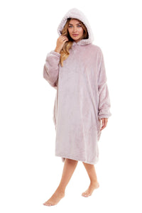 Oversized Women's Plush Hooded Poncho Blanket with Ultra-Soft Fur Hood and Double Pocket in Pink and Grey by Daisy Dreamer Dressing Gown