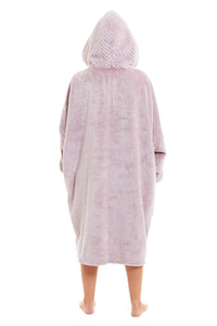 Oversized Women's Plush Hooded Poncho Blanket with Ultra-Soft Fur Hood and Double Pocket in Pink and Grey by Daisy Dreamer Dressing Gown
