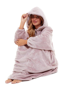 Oversized Women's Plush Hooded Poncho Blanket with Ultra-Soft Fur Hood and Double Pocket in Pink and Grey by Daisy Dreamer Dressing Gown