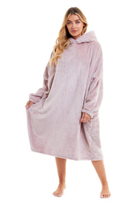 Oversized Women's Plush Hooded Poncho Blanket with Ultra-Soft Fur Hood and Double Pocket in Pink and Grey by Daisy Dreamer Dressing Gown
