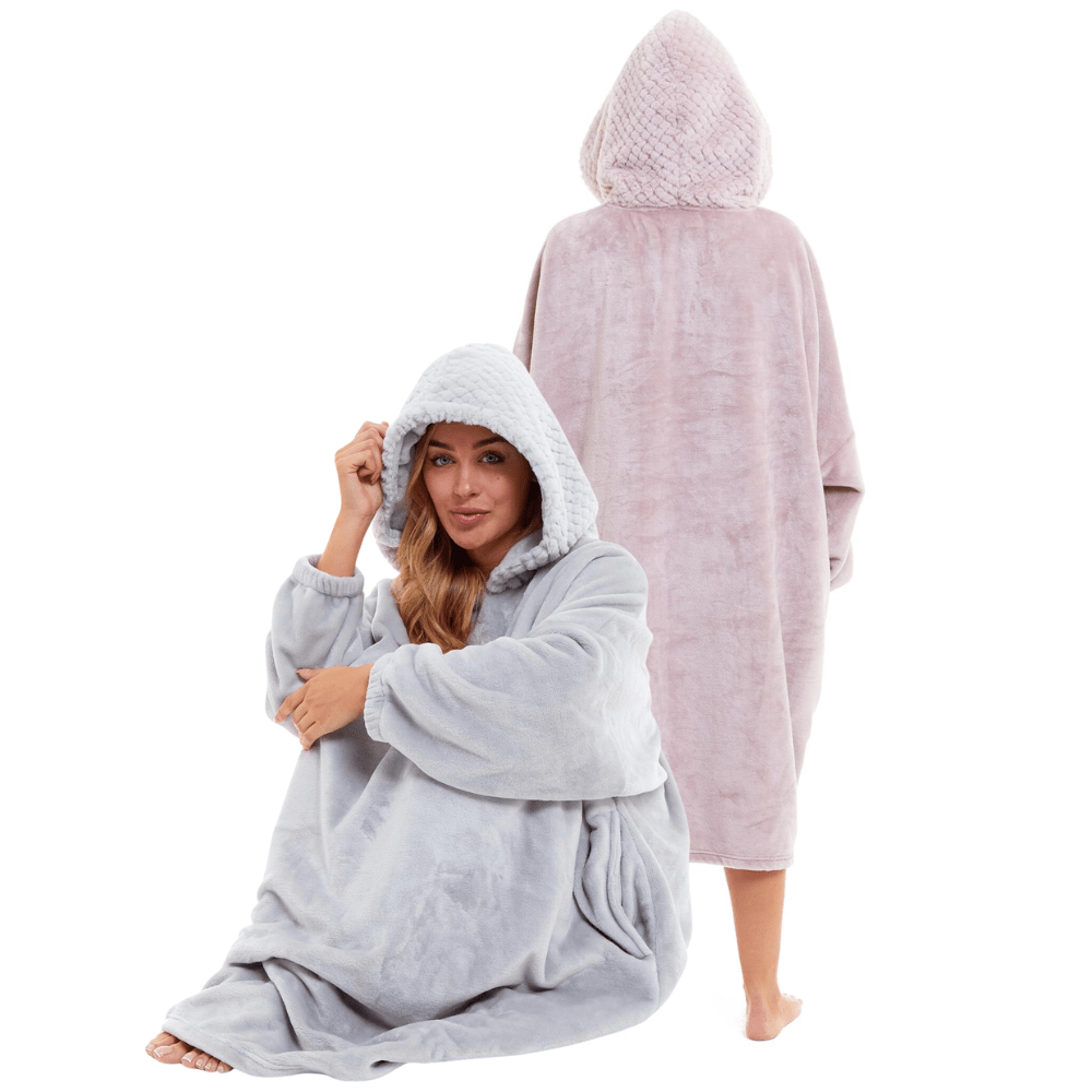 Oversized Women's Plush Hooded Poncho Blanket with Ultra-Soft Fur Hood and Double Pocket in Pink and Grey by Daisy Dreamer Dressing Gown