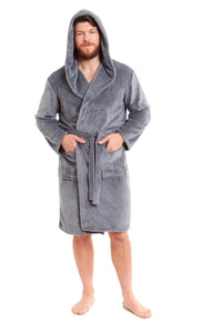 Hooded Ultra-Absorbing Plush Flannel Bathrobe for Men Soft Fleece Warm Dressing Gown Perfect for Home Hotel Gym Spa and Lounge in Stylish Colours by Daisy Dreamer MEDIUM / GREY Dressing Gown