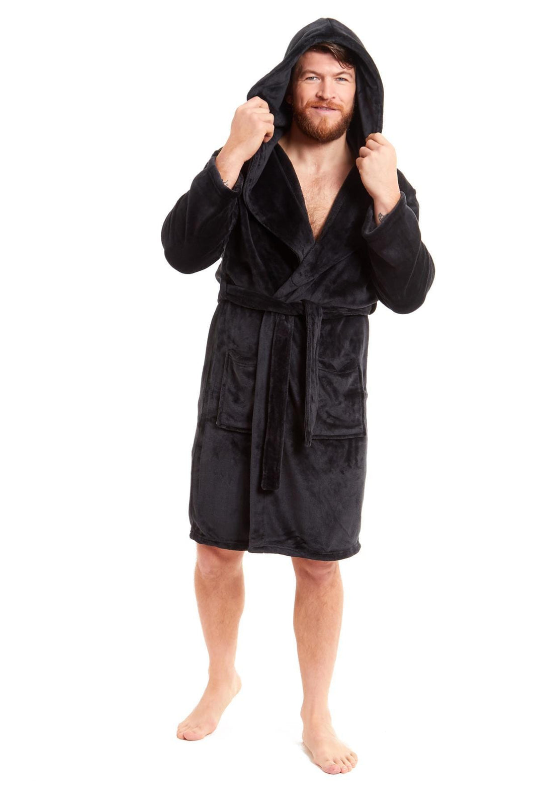 Hooded Ultra-Absorbing Plush Flannel Bathrobe for Men Soft Fleece Warm Dressing Gown Perfect for Home Hotel Gym Spa and Lounge in Stylish Colours by Daisy Dreamer MEDIUM / BLACK Dressing Gown