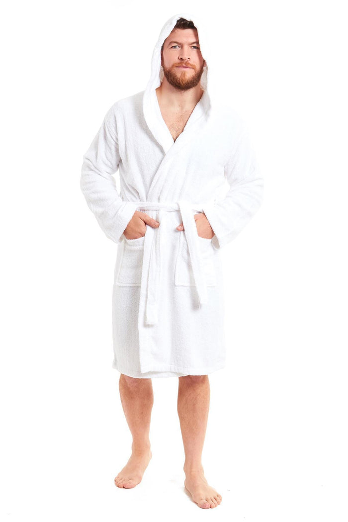Men's Luxury Bamboo Cotton Hooded Bathrobe Ultra-Soft Towelling Robe for Home Gym and Spa in Multiple Sizes and Colours by Daisy Dreamer MEDIUM | LARGE / WHITE Dressing Gown