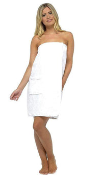 Ladies Terry Towelling Cotton Sarong Towel Wrap with Adjustable Fit and Pocket for Shower Spa Gym and Beach by Daisy Dreamer WHITE / S - M Robe