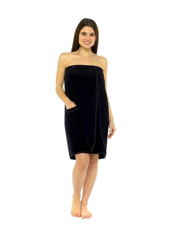 Ladies Terry Towelling Cotton Sarong Towel Wrap with Adjustable Fit and Pocket for Shower Spa Gym and Beach by Daisy Dreamer BLACK / S - M Robe