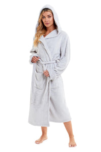 Super Soft Women's Faux Fur Hooded Bathrobe Plush Fleece Ultra-Absorbent Dressing Gown for Home Spa Gym Hotel in Pink or Grey Sizes S-XL by Daisy Dreamer Dressing Gown