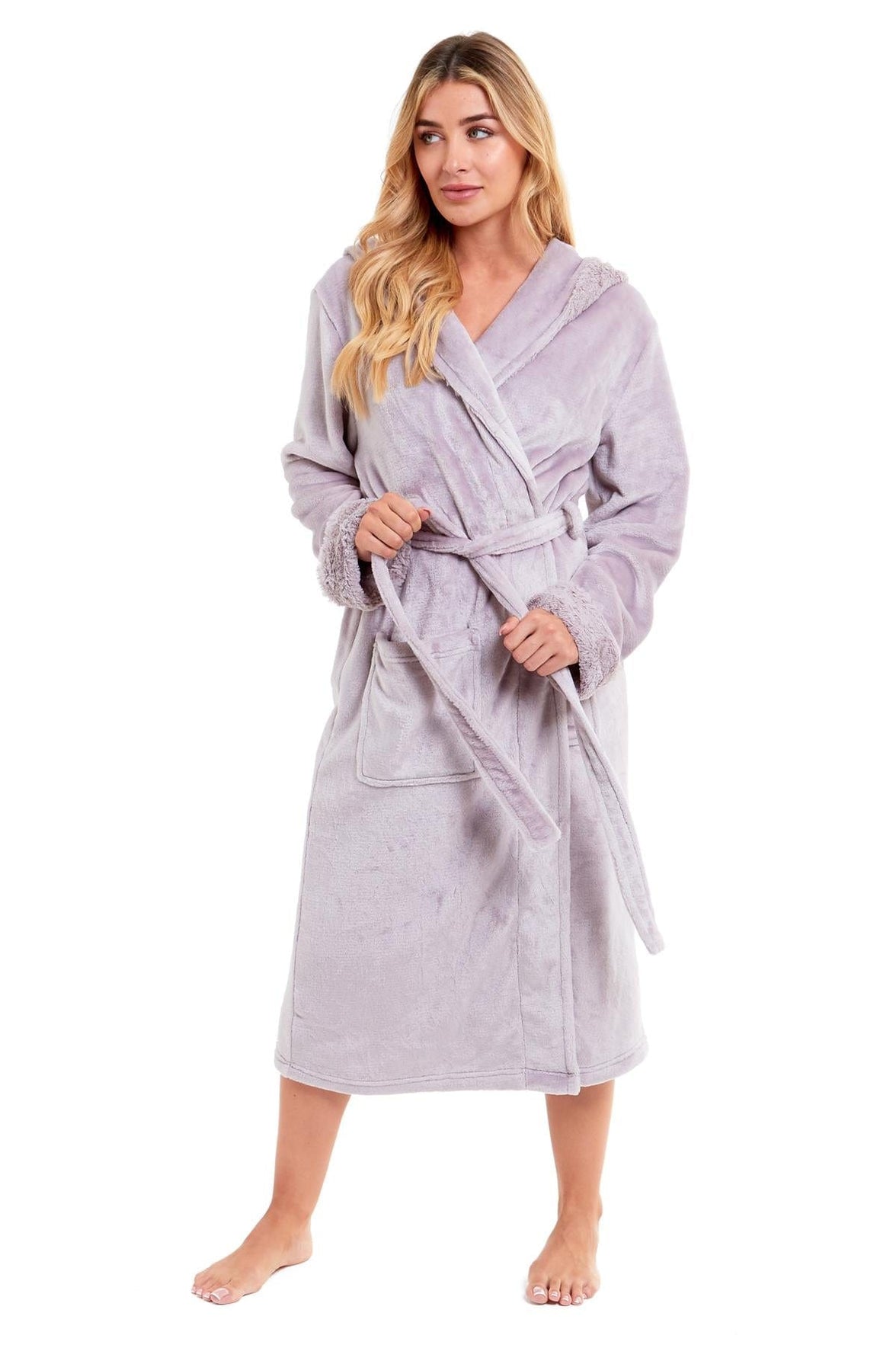 Super Soft Women's Faux Fur Hooded Bathrobe Plush Fleece Ultra-Absorbent Dressing Gown for Home Spa Gym Hotel in Pink or Grey Sizes S-XL by Daisy Dreamer Dressing Gown