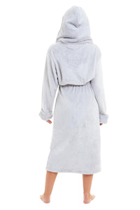 Super Soft Women's Faux Fur Hooded Bathrobe Plush Fleece Ultra-Absorbent Dressing Gown for Home Spa Gym Hotel in Pink or Grey Sizes S-XL by Daisy Dreamer Dressing Gown