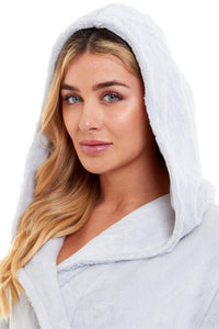 Super Soft Women's Faux Fur Hooded Bathrobe Plush Fleece Ultra-Absorbent Dressing Gown for Home Spa Gym Hotel in Pink or Grey Sizes S-XL by Daisy Dreamer Dressing Gown
