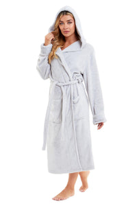 Super Soft Women's Faux Fur Hooded Bathrobe Plush Fleece Ultra-Absorbent Dressing Gown for Home Spa Gym Hotel in Pink or Grey Sizes S-XL by Daisy Dreamer Dressing Gown