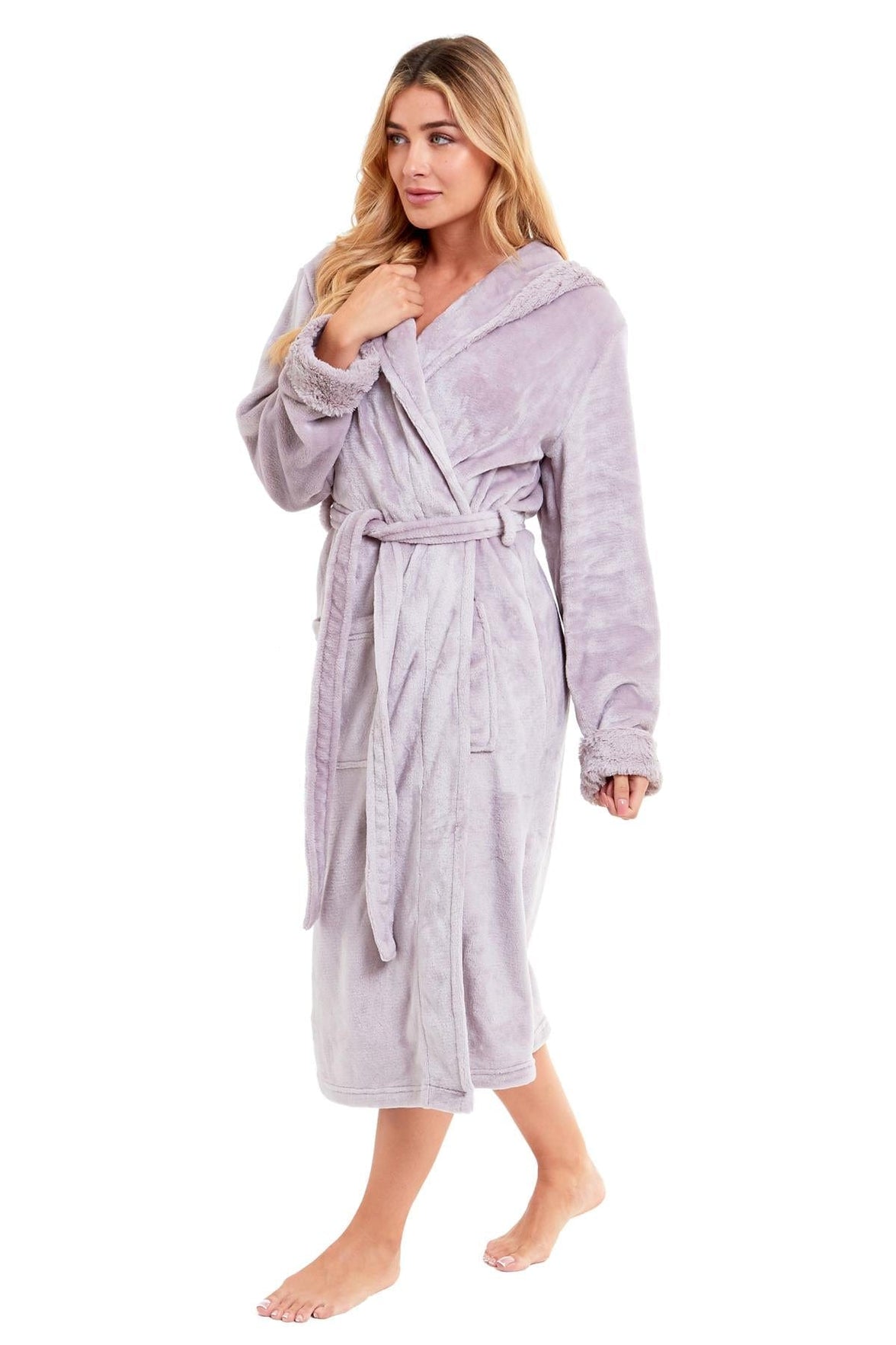 Super Soft Women's Faux Fur Hooded Bathrobe Plush Fleece Ultra-Absorbent Dressing Gown for Home Spa Gym Hotel in Pink or Grey Sizes S-XL by Daisy Dreamer Dressing Gown