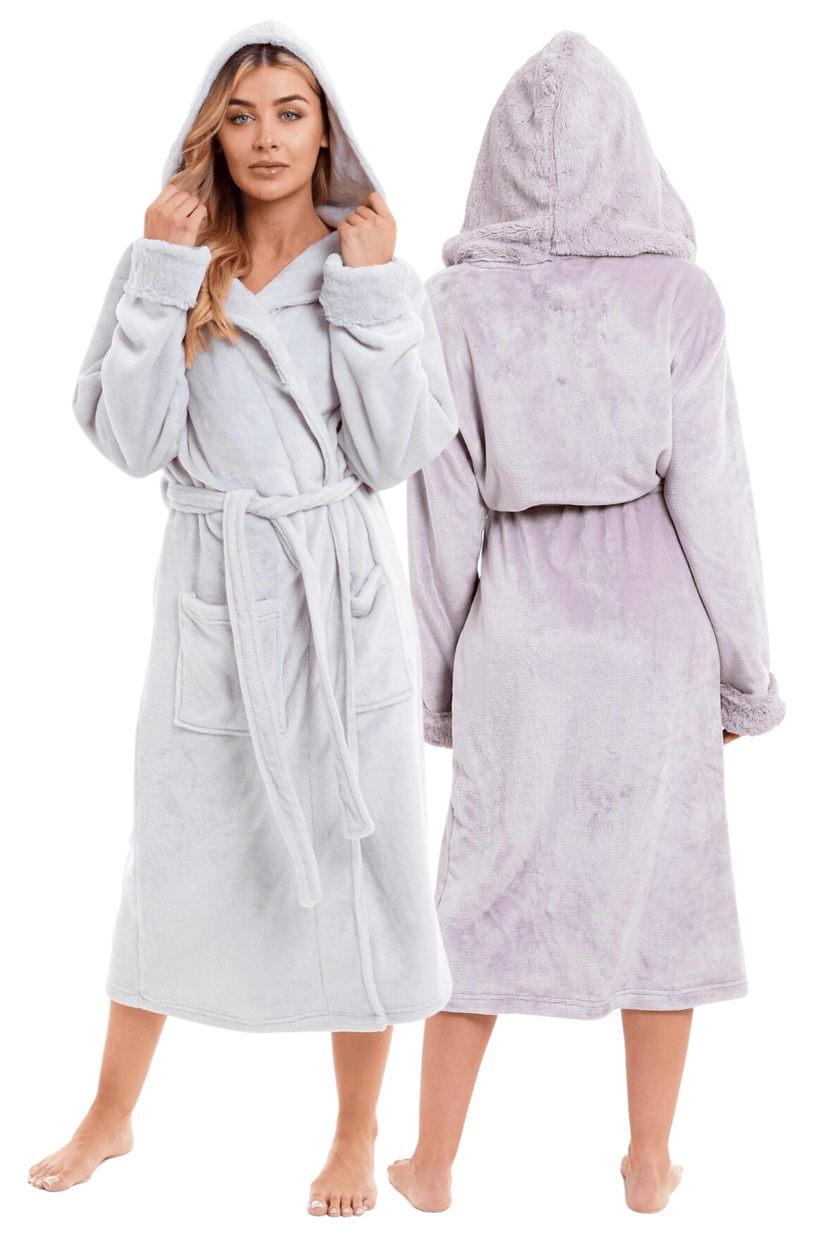Super Soft Women's Faux Fur Hooded Bathrobe Plush Fleece Ultra-Absorbent Dressing Gown for Home Spa Gym Hotel in Pink or Grey Sizes S-XL by Daisy Dreamer Dressing Gown
