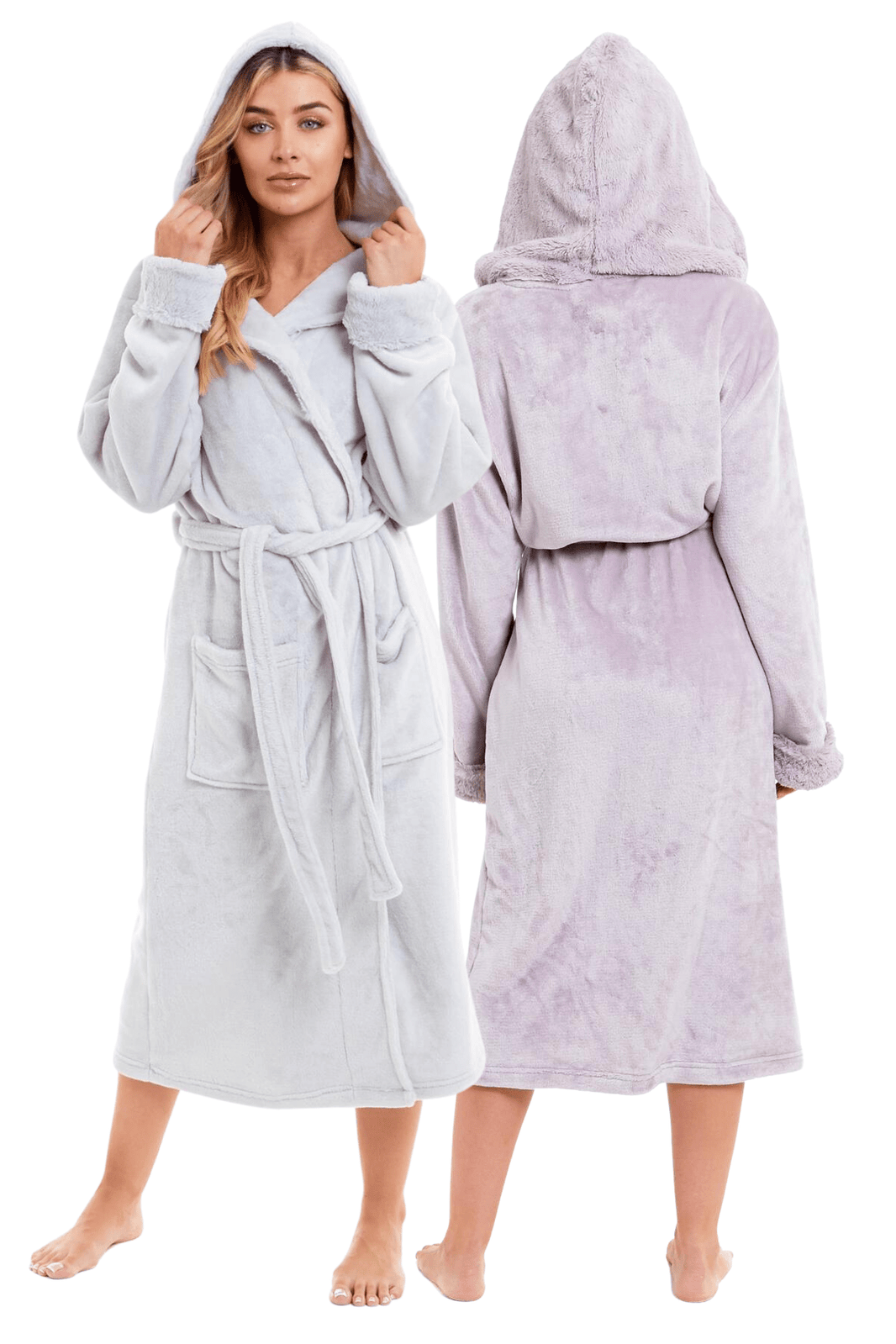 Super Soft Women's Faux Fur Hooded Bathrobe Plush Fleece Ultra-Absorbent Dressing Gown for Home Spa Gym Hotel in Pink or Grey Sizes S-XL by Daisy Dreamer Dressing Gown