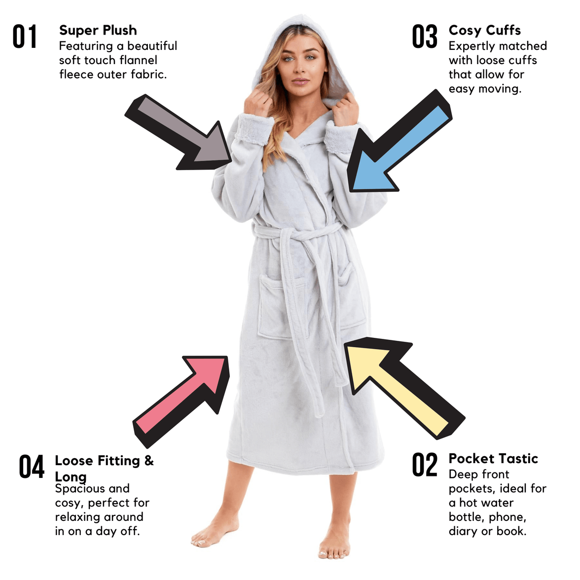 Super Soft Women's Faux Fur Hooded Bathrobe Plush Fleece Ultra-Absorbent Dressing Gown for Home Spa Gym Hotel in Pink or Grey Sizes S-XL by Daisy Dreamer Dressing Gown