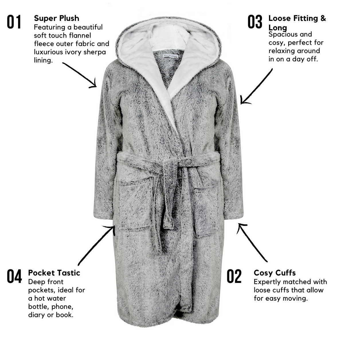 Women's Shimmer Grey Plush Fleece Hooded Robe with Ultra-Soft Sherpa Lining for Luxurious Loungewear and Nightwear by Daisy Dreamer Dressing Gown