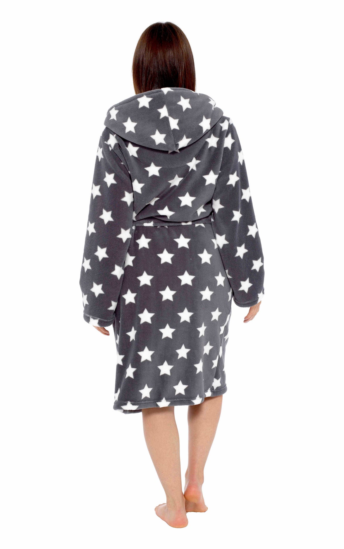Women's Star Grey Hooded Plush Fleece Robe with Ultra Soft Sherpa Fur Lining and Stylish Star Pattern by Daisy Dreamer Dressing Gown