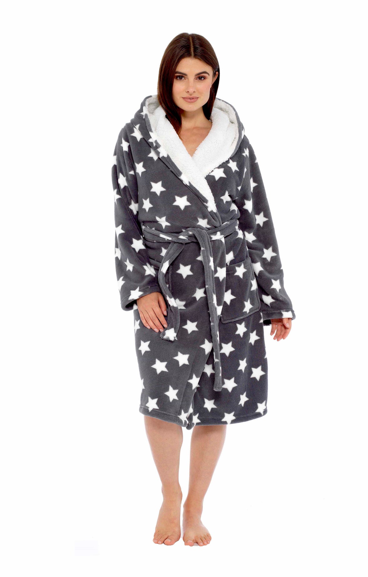 Women's Star Grey Hooded Plush Fleece Robe with Ultra Soft Sherpa Fur Lining and Stylish Star Pattern by Daisy Dreamer Dressing Gown