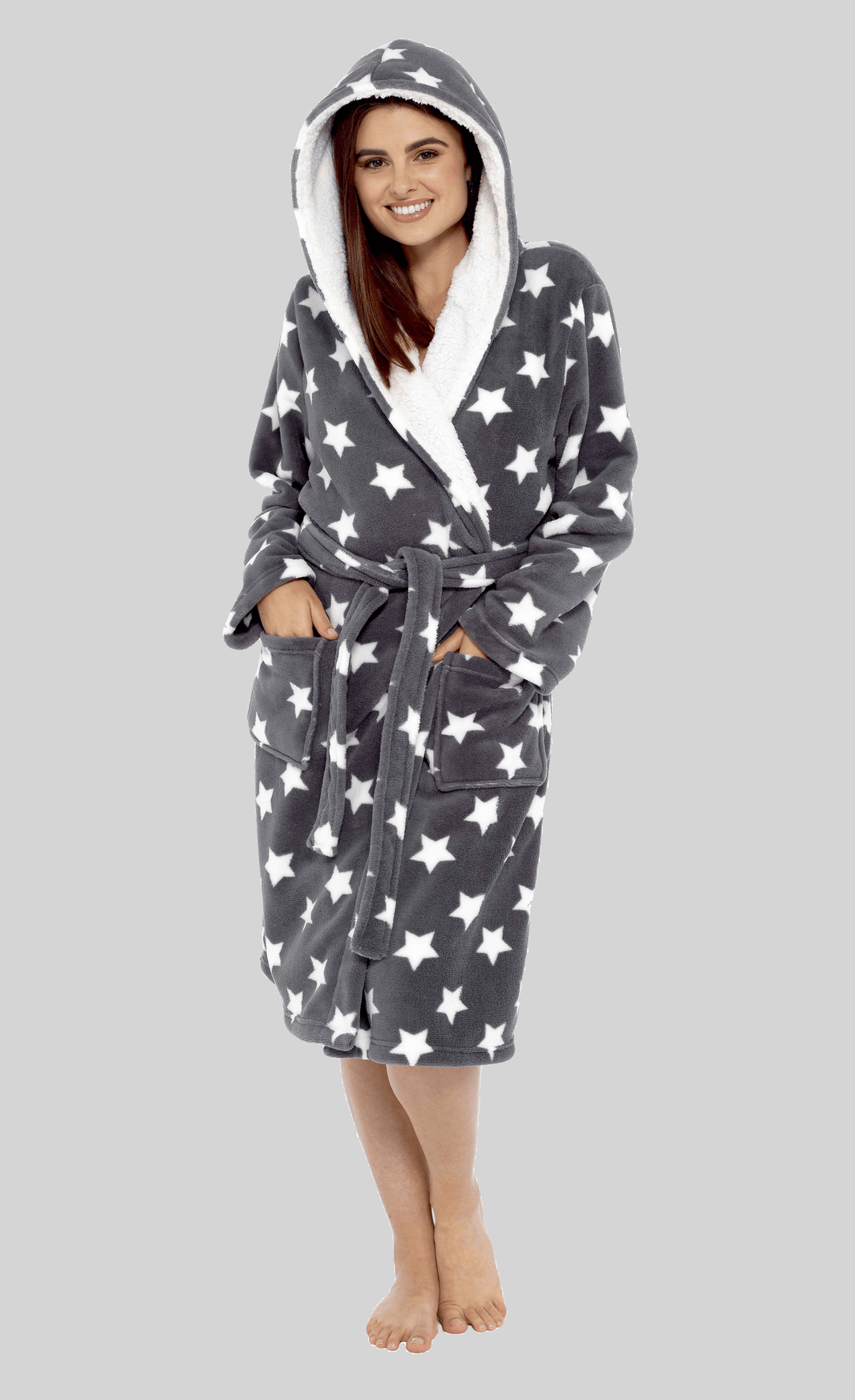 Women's Star Grey Hooded Plush Fleece Robe with Ultra Soft Sherpa Fur Lining and Stylish Star Pattern by Daisy Dreamer SMALL | UK 8-10 Dressing Gown