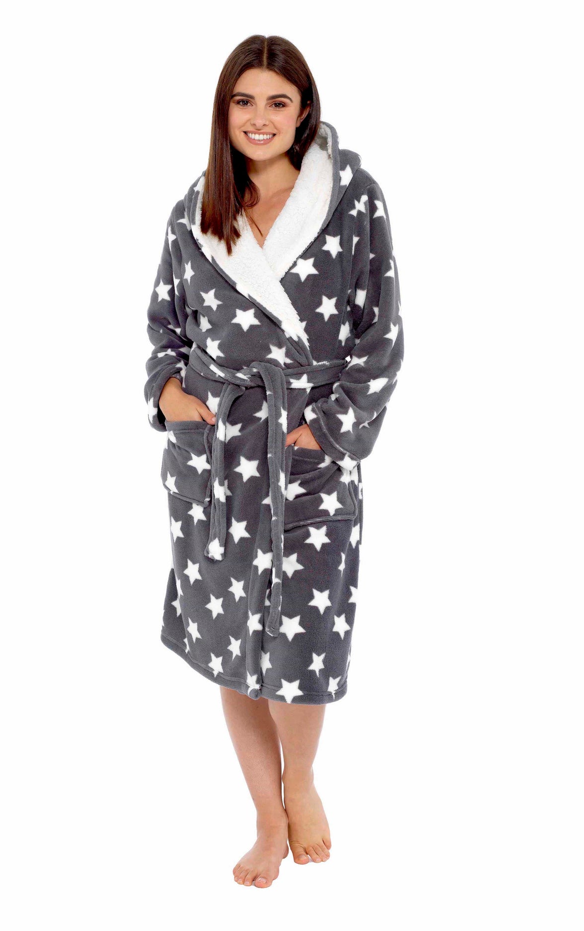 Women's Star Grey Hooded Plush Fleece Robe with Ultra Soft Sherpa Fur Lining and Stylish Star Pattern by Daisy Dreamer Dressing Gown